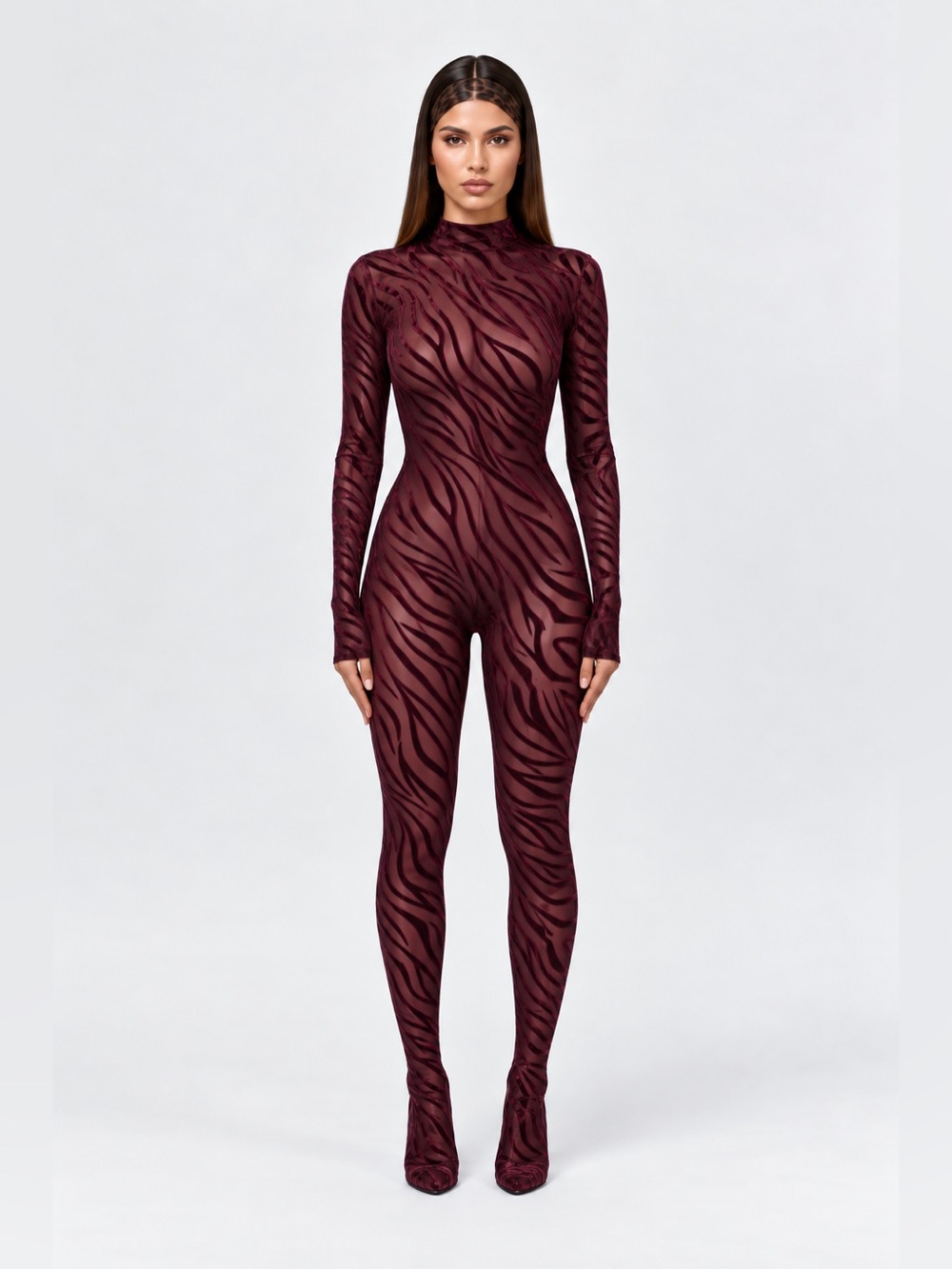 Naked Wardrobe Burnout Closed Toe Jumpsuit Zebra Dark Plum